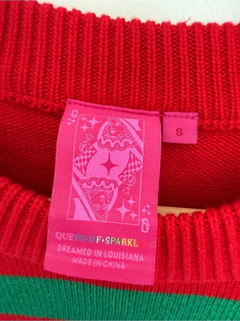 QUEEN OF SPARKLES NWT Red Green Pink Striped Sequin 'Sleigh Queen' Sweater S